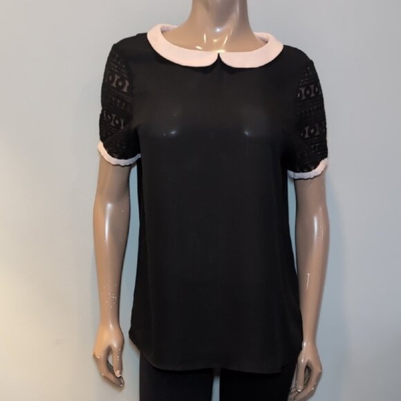 3/$20 TWIK Peter Pan Collar Short Sleeve Blouse Sheer Crochet Black Size XL Top - Picture 9 of 9